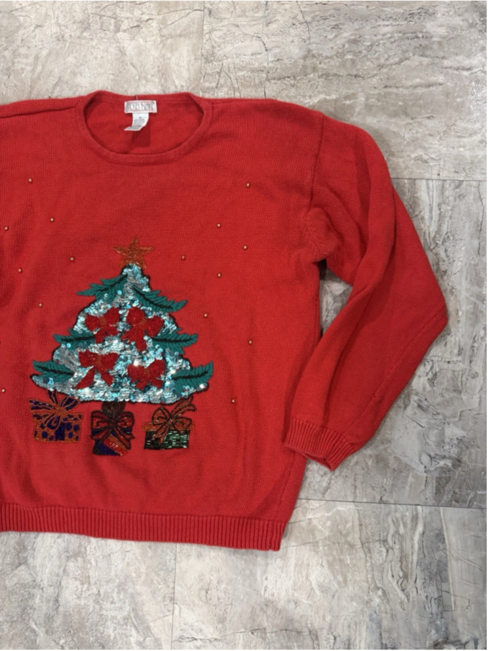 VTG Lindsay Blake Christmas Tree Bow Sequined Holiday Red Sweater Sz XL Festive